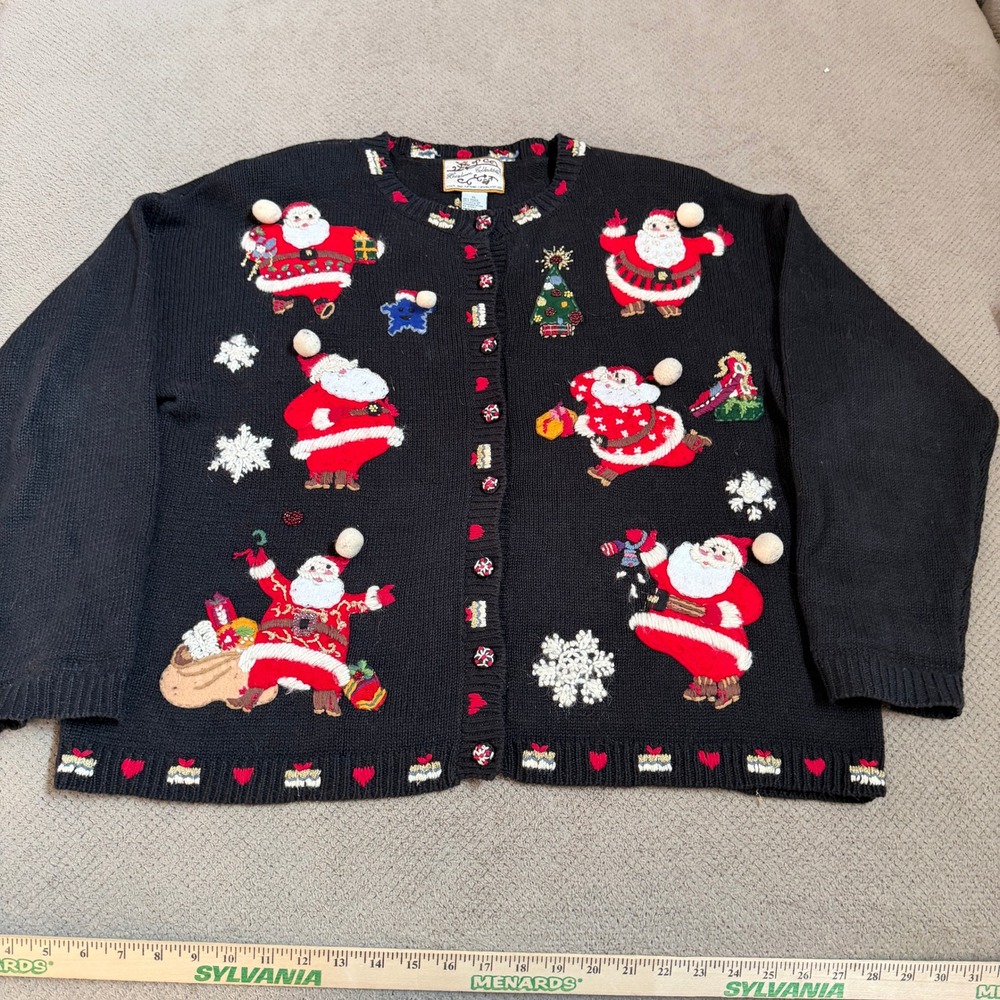 Vintage 2000s Heirloom Collectibles Santa Christmas Cardigan Sweater Black XL - Picture 1 of 6